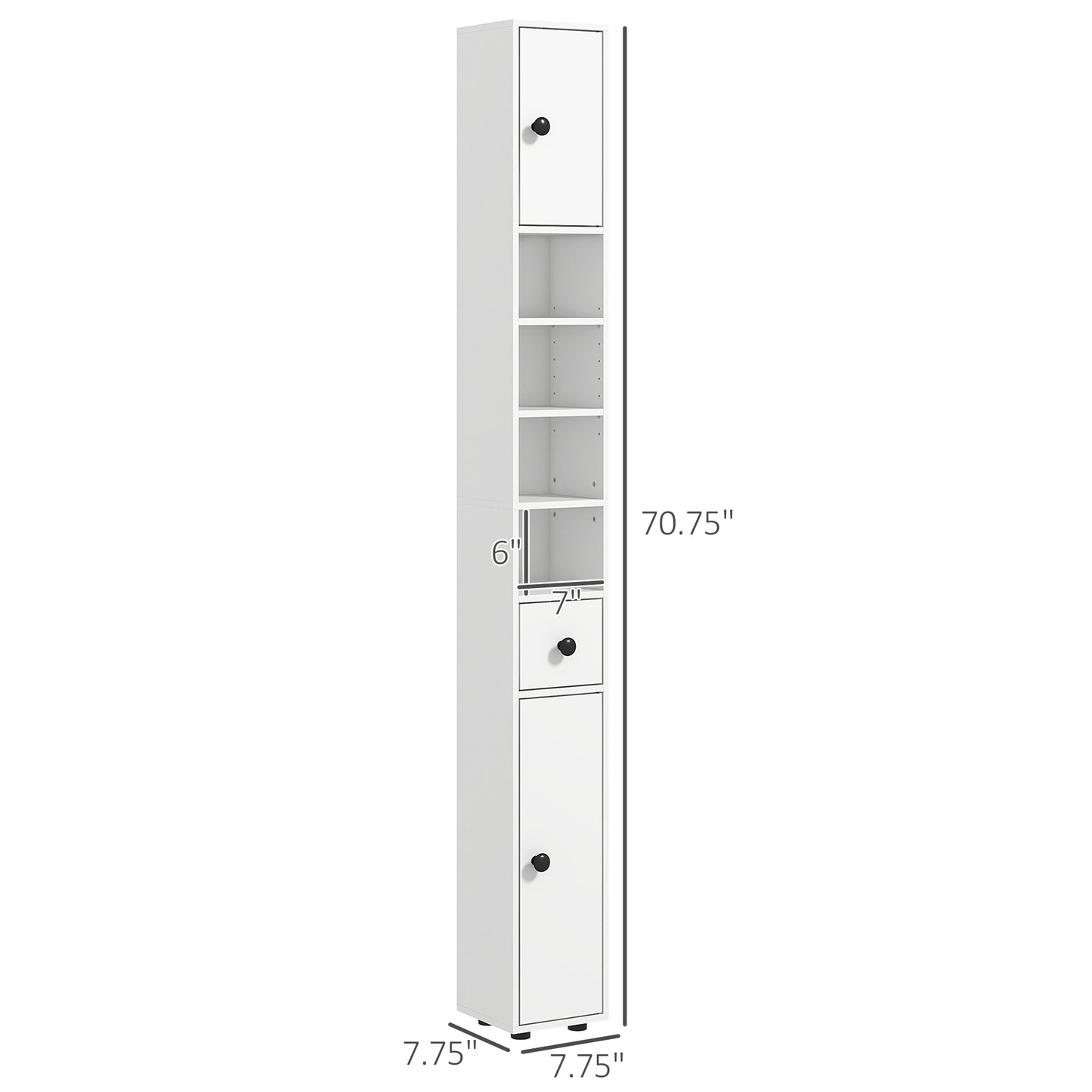 71" Small Bathroom Storage Cabinet, Narrow Toilet Paper Cabinet with Open Shelves, 2 Cabinets, Adjustable Shelves, White
