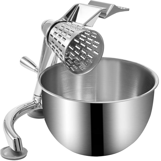 Rotary Cheese Grater, Zinc Alloy Rotary Vegetable Mandoline, Manual Cheese Mandoline W/ 5 Stainless Steel Cutting Cones, Manual Vegetable Grater W/ 2.5L Bowl, Rotary Shredder W/Suction Base