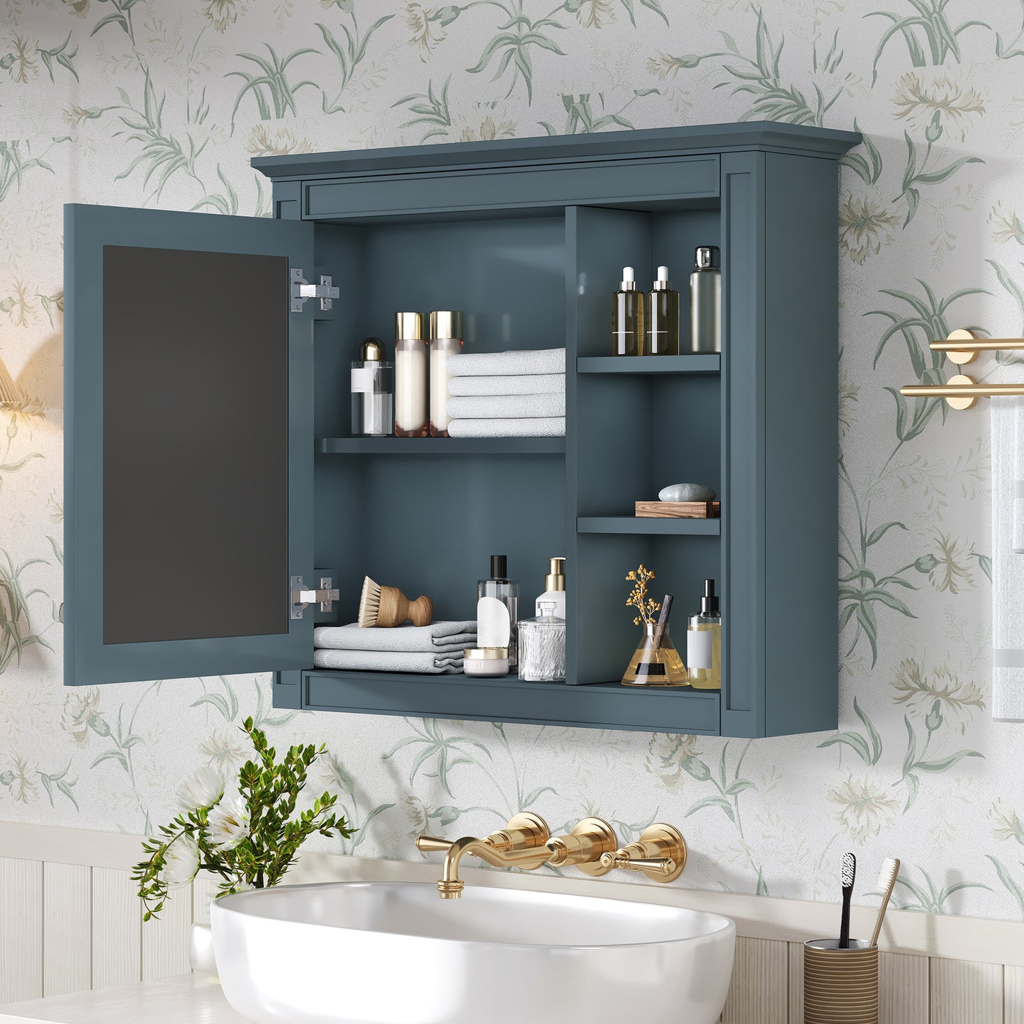 30 X 28 Medicine Cabinet, Wall Mounted Bathroom Storage Cabinet, Modern Bathroom Wall Cabinet With Mirror,Medicine Cabinet,  Mirror Cabinet With 3 Open Shelves Not Include Bathroom Vanity