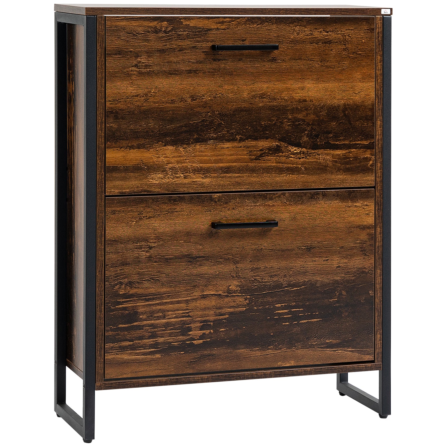 Industrial Shoe Cabinet with 2 Flip Drawers, Freestanding Shoe Storage Cabinet for 12 Pairs, Narrow Slim Shoe Rack for Entryway, Hallway, Rustic Brown