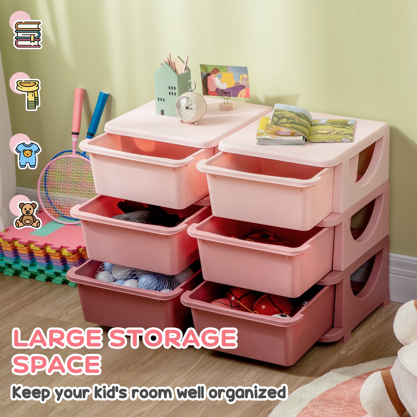 3 Tier Kids Storage Unit, Toy Organizers And Storage With 6 Drawer Chest For Kids Bedroom Nursery Kindergarten Living Room For Boys Girls Toddlers, Pink