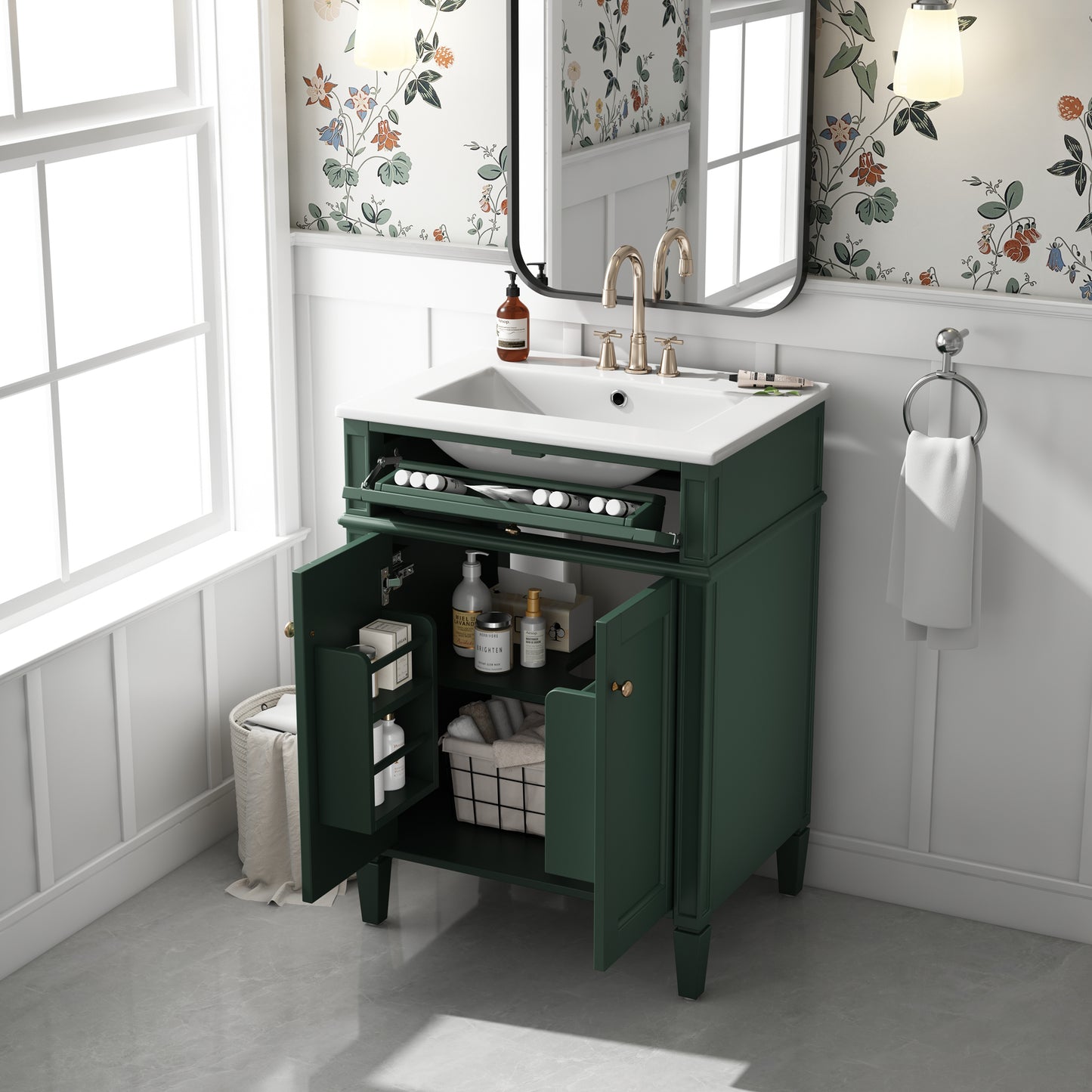 24 Bathroom Vanity With 2 Doors And Tip-Out Drawer, Bathroom Storage Cabinet With Sink, Soft-Closing Doors With Organizers