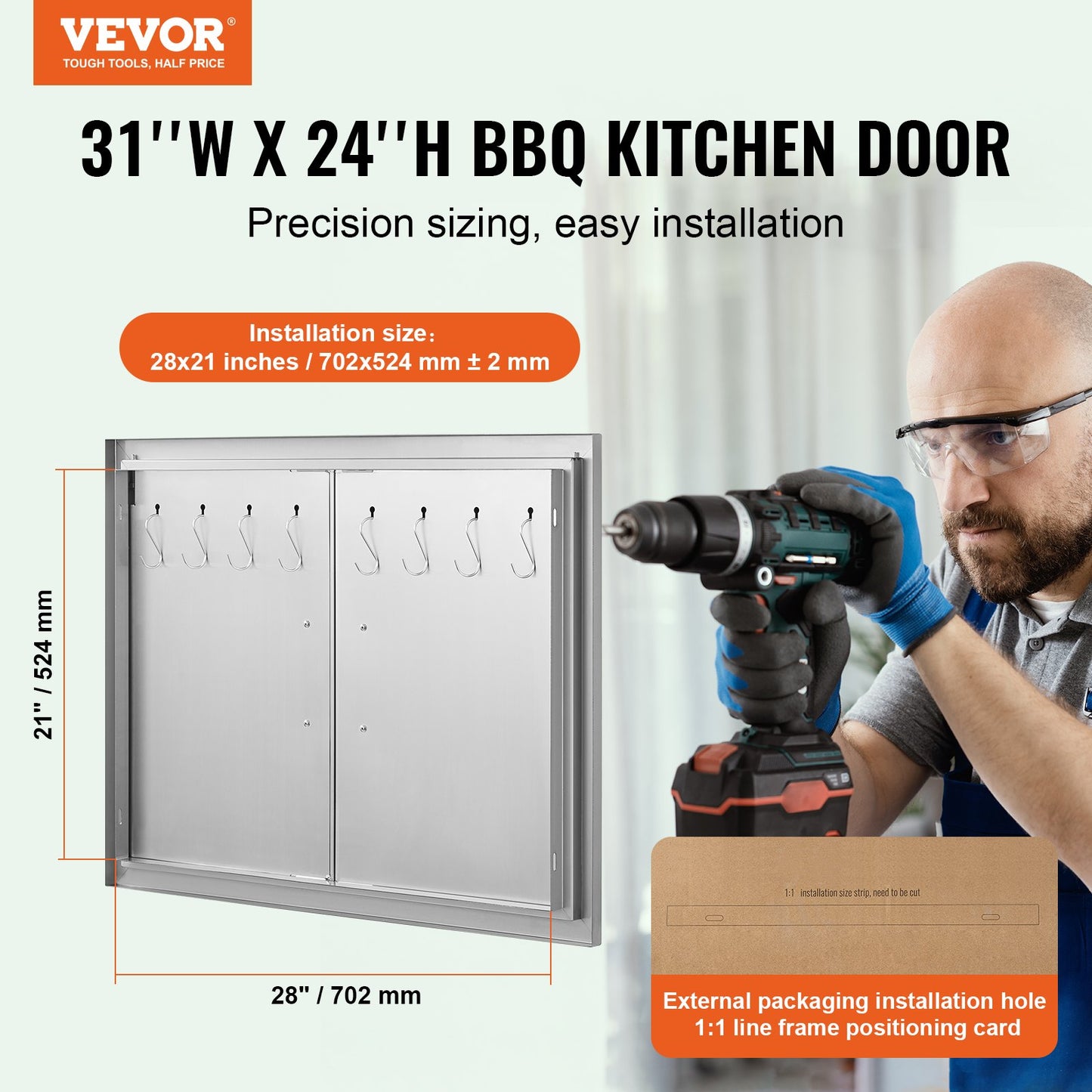BBQ Access Door, 31W X 24H Inch Double Outdoor Kitchen Door, Stainless Steel Flush Mount Door, Double Wall Vertical Door With Handles And Hooks, For BBQ Island, Grilling Station, Outside Cabinet