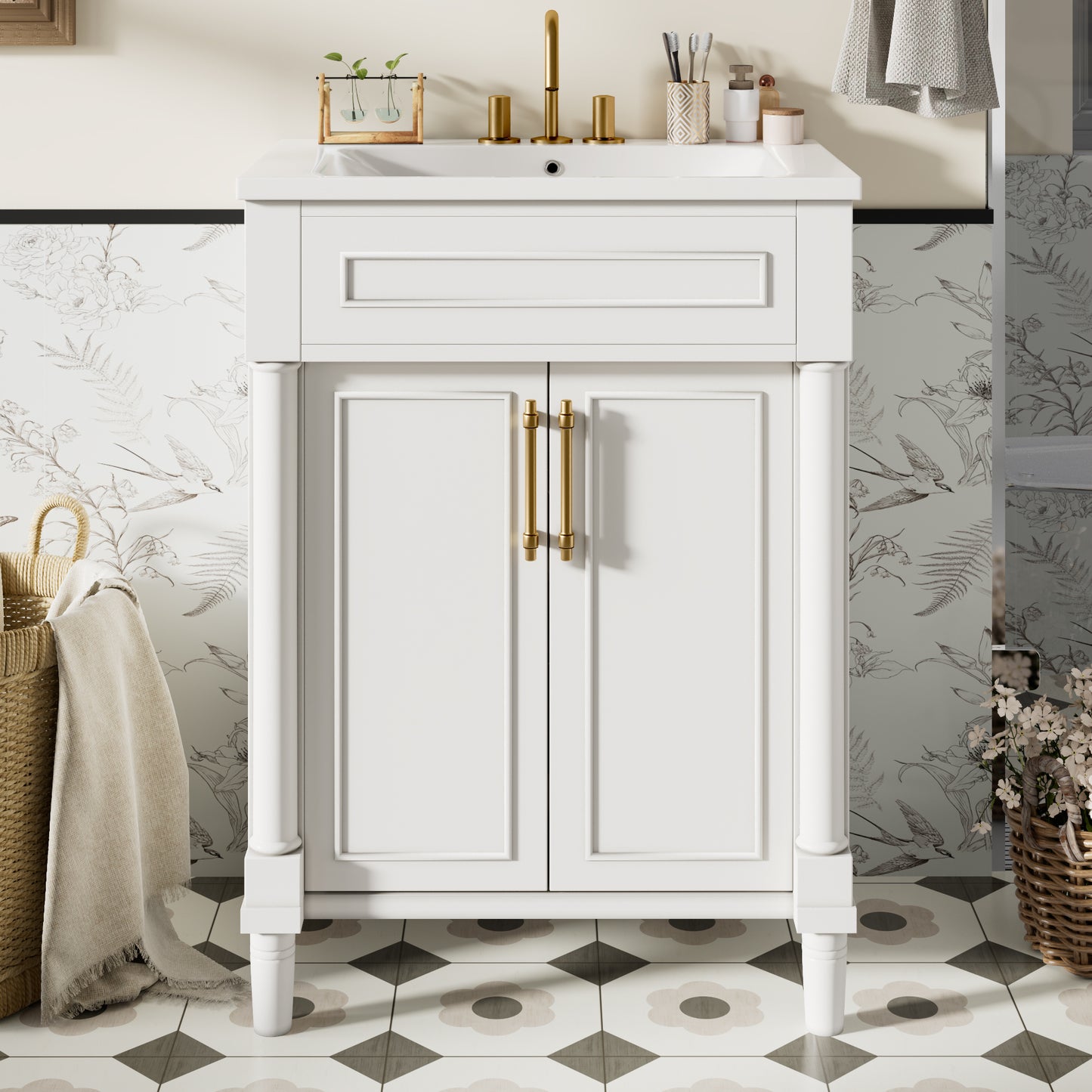 24 Bathroom Vanity With Integrated Ceramic Sink, Bathroom Cabinet With 2 Doors, Single Sink Bathroom Vanity For Small And Medium Restroom