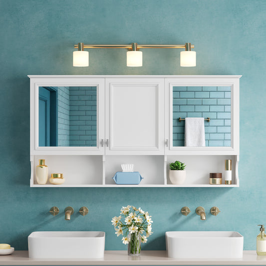 55 Inch Mirror Medicine Cabinet With Open Shelves, Wall Mounted Home Storage With Doors & Mirror, Adjustable Shelf, Bathroom Storage Cabinet Over Toilet