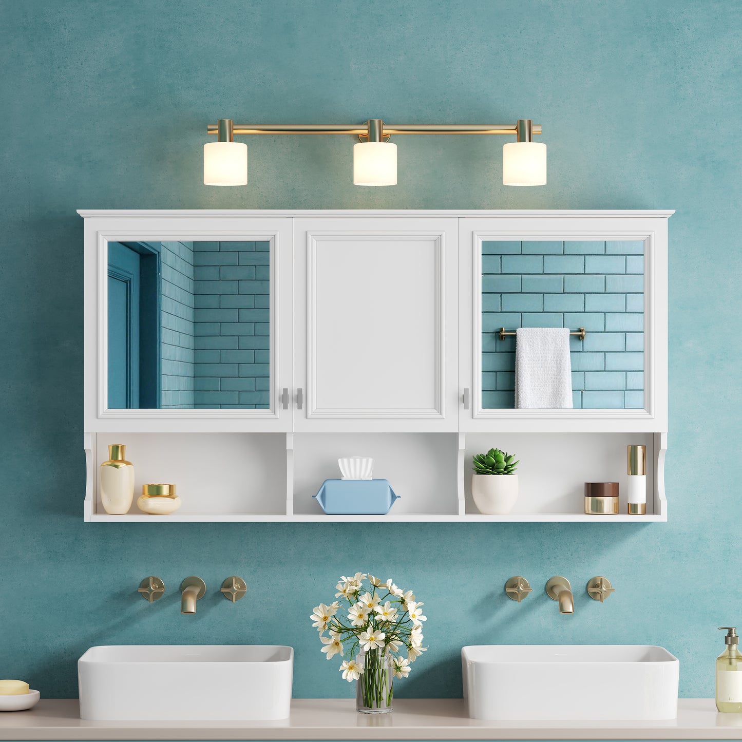 55 Inch Mirror Medicine Cabinet With Open Shelves, Wall Mounted Home Storage With Doors & Mirror, Adjustable Shelf, Bathroom Storage Cabinet Over Toilet