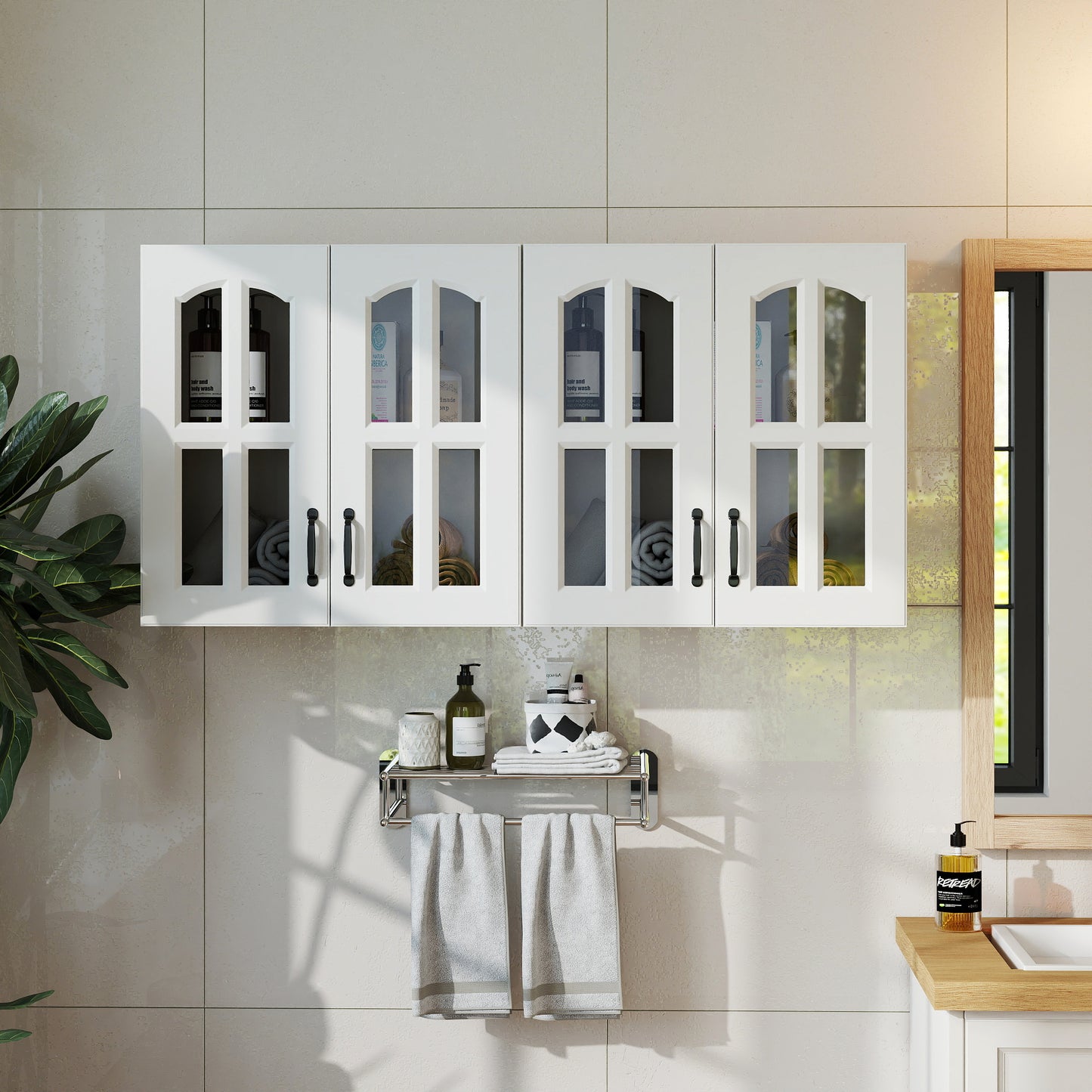 Wall Cabinet, Glass Door Display Wall Mounted Cabinet, Floating Cabinet With Inadjustable Shelves For Kitchen,Bathroom,Living Room