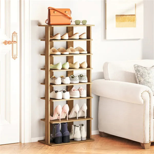 7-Tier Double-Row Shoe Rack With Adjustable Shelves, Anti-Tipping Narrow Storage Rack For Entryway Closet-Natural