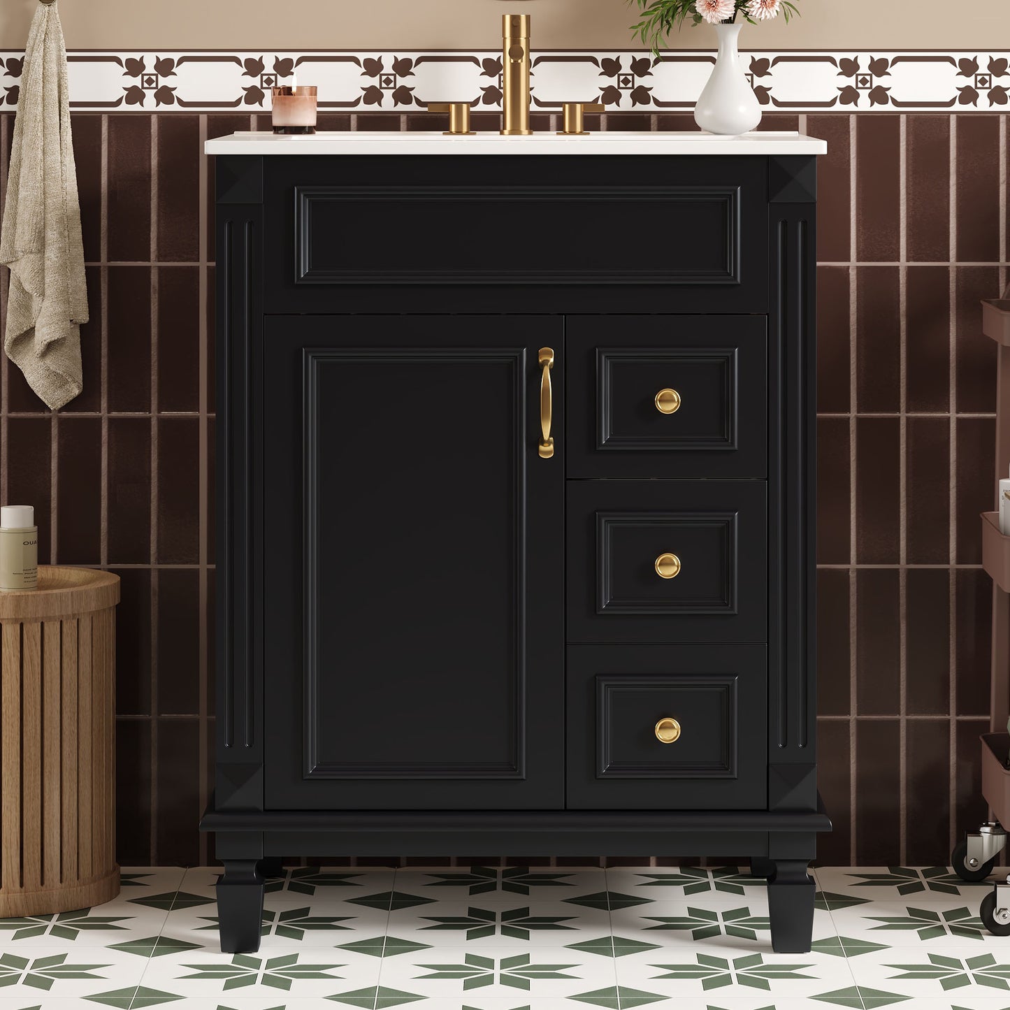 24 Bathroom Vanity With Ceramic Sink, Small Bathroom Sink Cabinet, Modern Cabinet With 2 Drawers And Adjustable Shelf