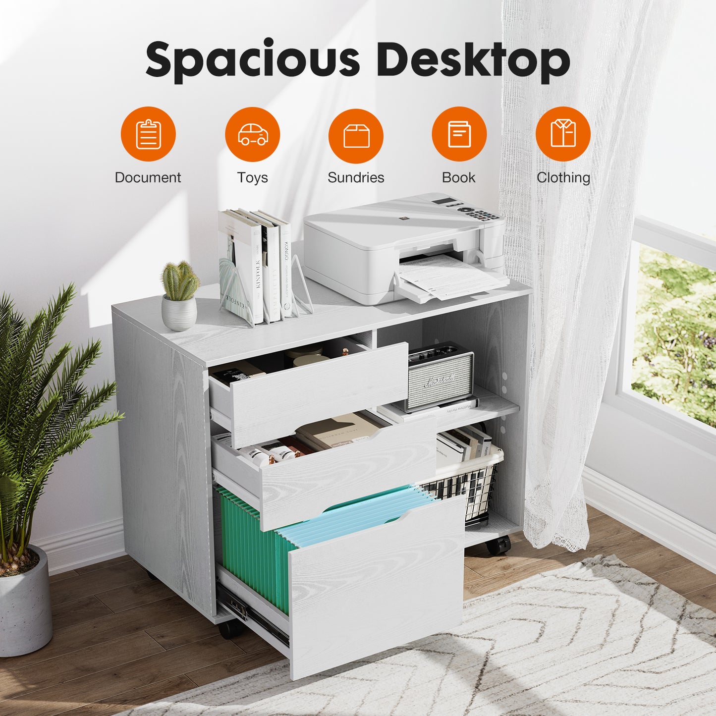 3 Drawer Mobile Rolling Lateral File Cabinet For Home Office And Kids Room