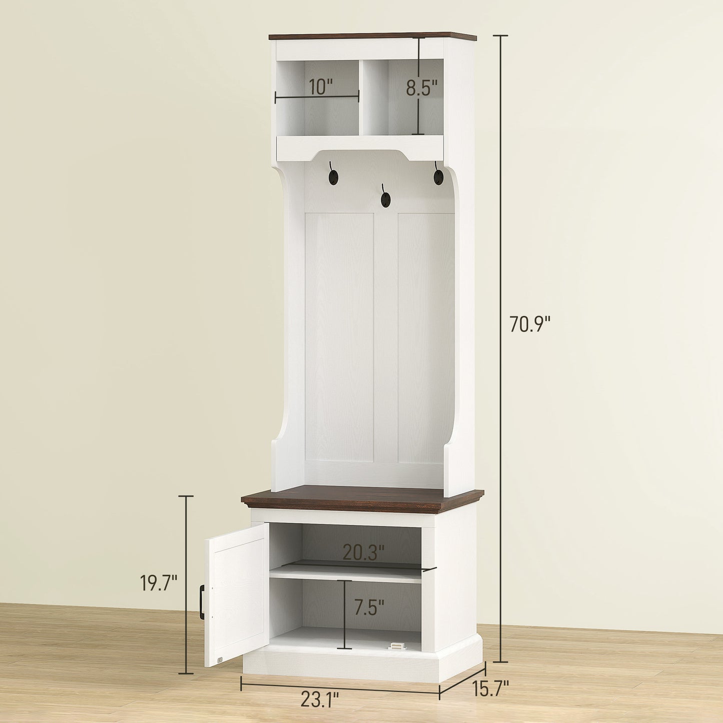 3-in-1 Hall Tree With Shoe Storage, Coat Rack With Bench, Entryway Furniture With Five Hooks, White Wood Grain