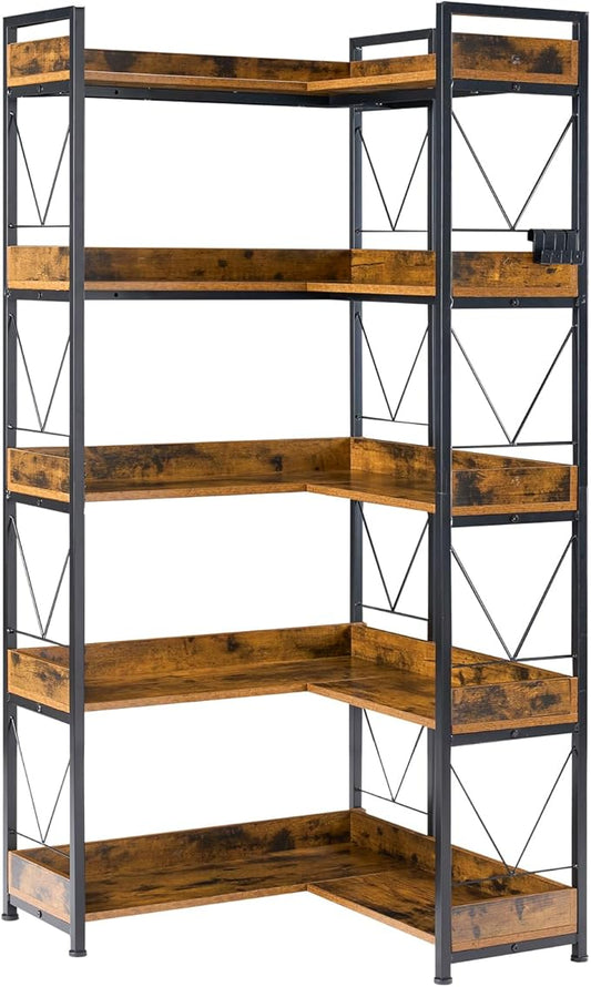 A 65-inch High L-shaped Bookshelf, A 5-layer Corner Bookshelf With Hooks And Safety Edges, And A Metal Frame Cabinet