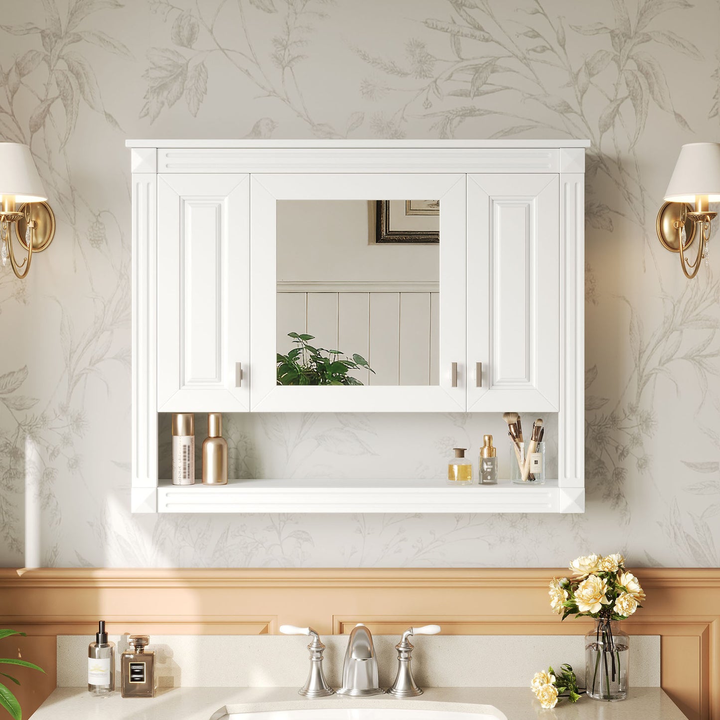 35inch Bathroom Wall Cabinet With Mirror, Wall Mounted Medicine Cabinet With Open Shelf, Mirrored Door Over Toilet Storage Cabinet, White