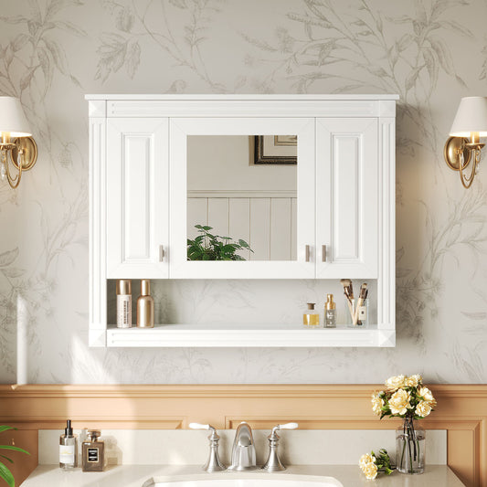 35inch Bathroom Wall Cabinet With Mirror, Wall Mounted Medicine Cabinet With Open Shelf, Mirrored Door Over Toilet Storage Cabinet, White