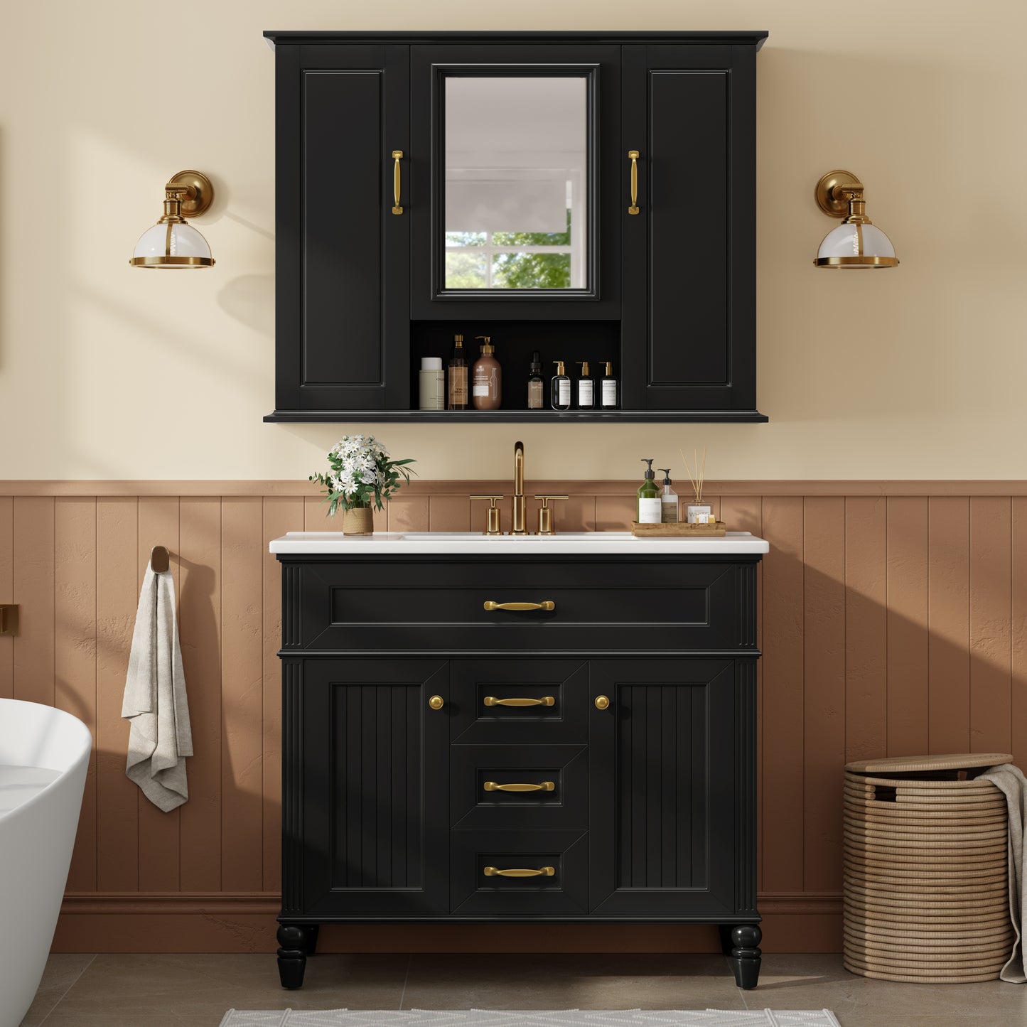 36 Medicine Cabinet, Wall Mounted Bathroom Storage Cabinet, Modern Bathroom Wall Cabinet With Mirror, Mirror Cabinet With 3 Doors Not Include Bathroom Vanity