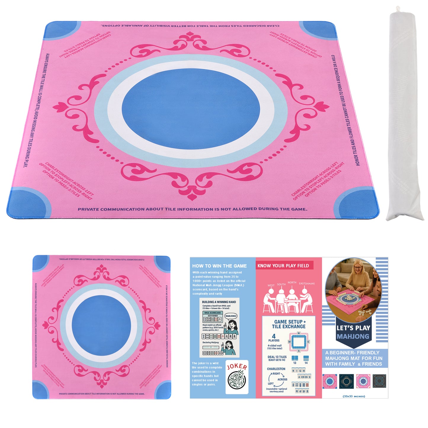 Machine Washable Mahjong Mat 33x33 Inch - Crease-Free Neoprene Table Mat For American Mahjong, Non-Slip, Noise-Reducing, Easy To Clean, Fold-Free Storage