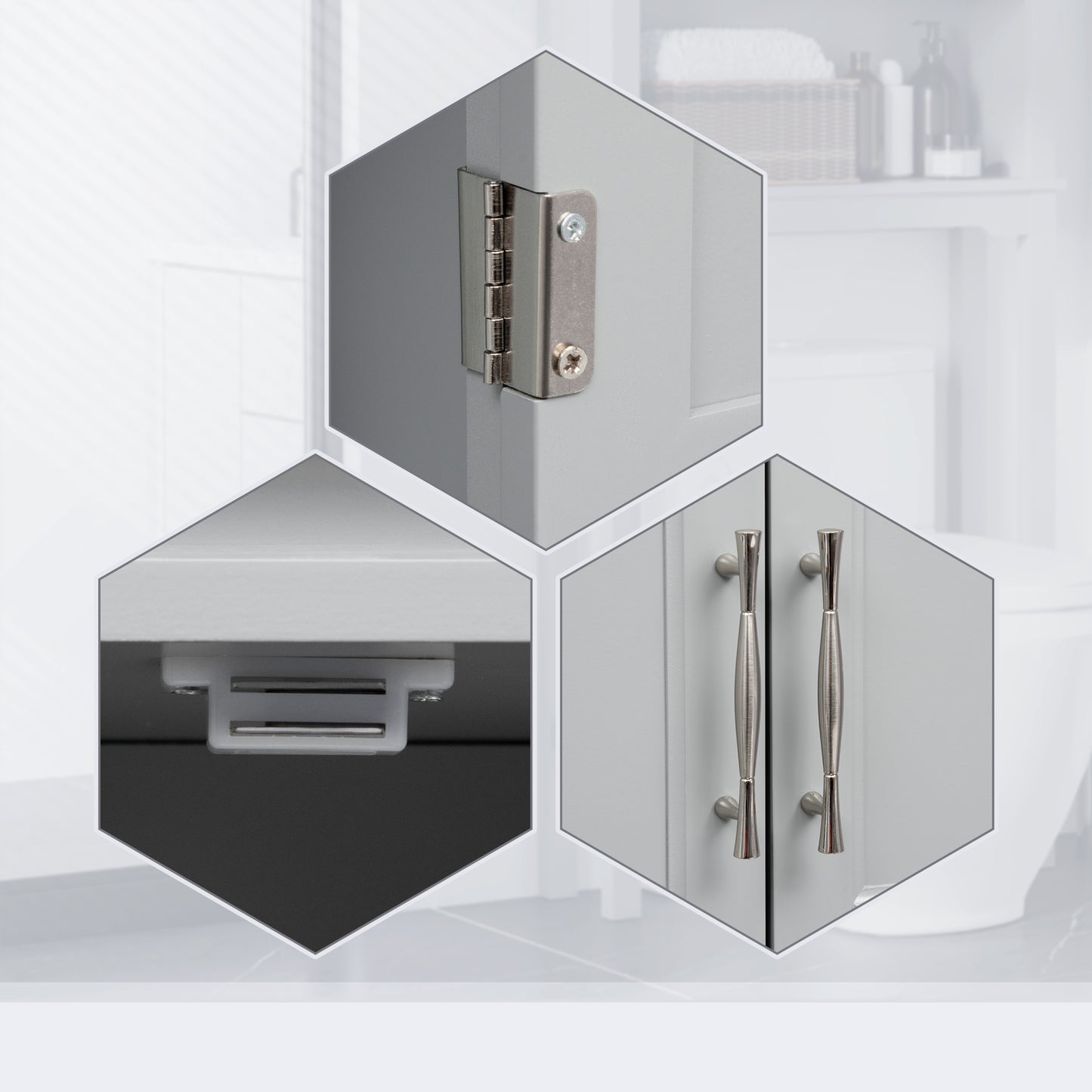 Modern Over The Toilet Storage Cabinet, Double Door Bathroom Organizer with Inner Adjustable Shelf and Open Shelf, Gray
