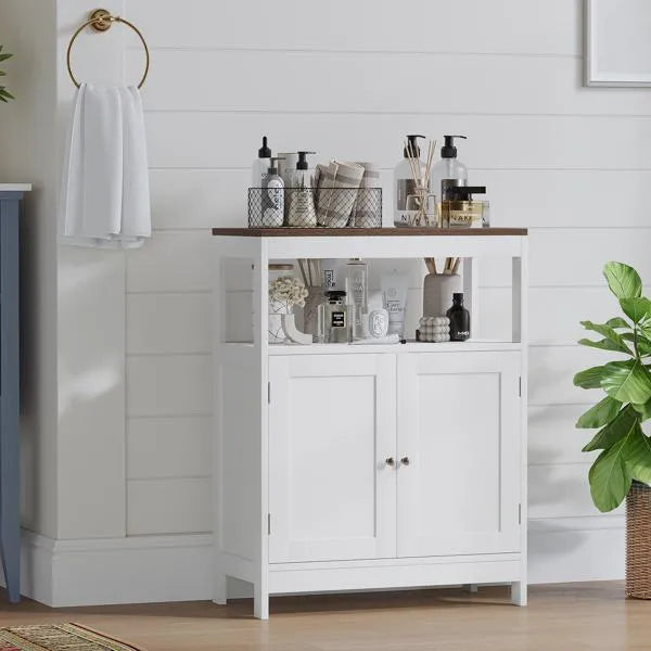 Modern Storage Cabinet With Double Doors, Free-Standing Bathroom Cabinet With Adjustable Shelf And Natural Wood Top, Multi-Purpose Organizer For Kitchen, Living Room, Bathroom Or Entryway - White