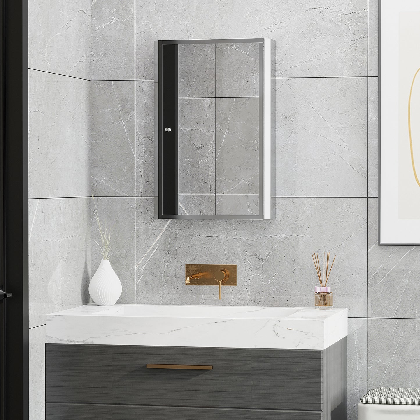 Bathroom Mirrored Cabinet, Vertical 16" x 24" Stainless Steel Frame Medicine Cabinet, Wall-Mounted Storage Organizer with Single Door