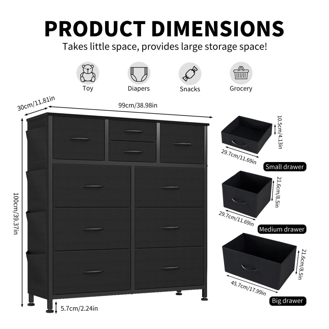 10-Drawer Dresser With Side Pocket & Hooks, Storage Cabinet With Wood Top For Bedroom Closet Organization