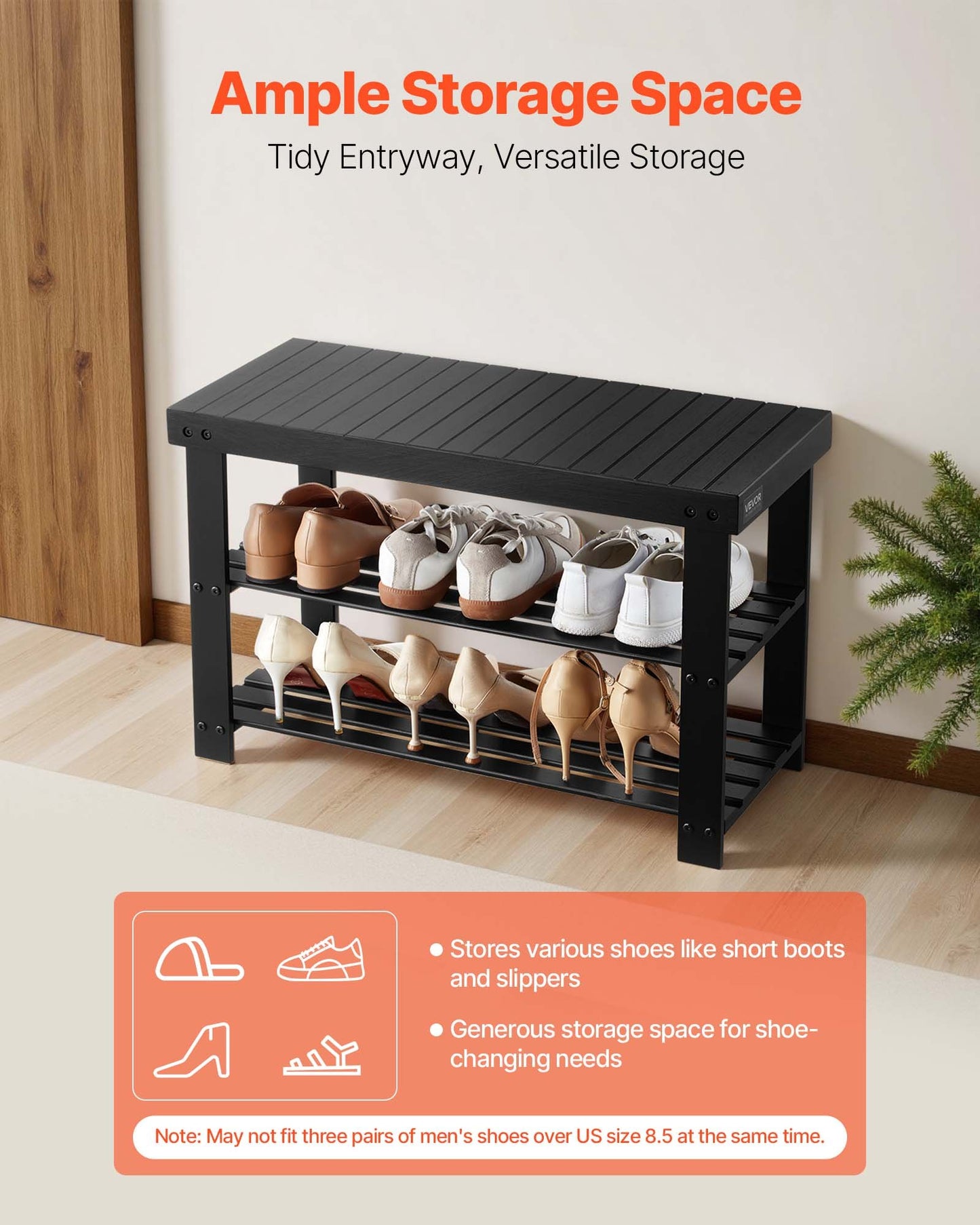 Shoe Rack Bench, 3-Tier Bamboo Entryway Bench, Shoe Storage Organizer Holds Up To 286 Lbs, 27.6 X 11.3 X 17.8 Inches, For Front Door, Hallway, Living Room, Bedroom, Black