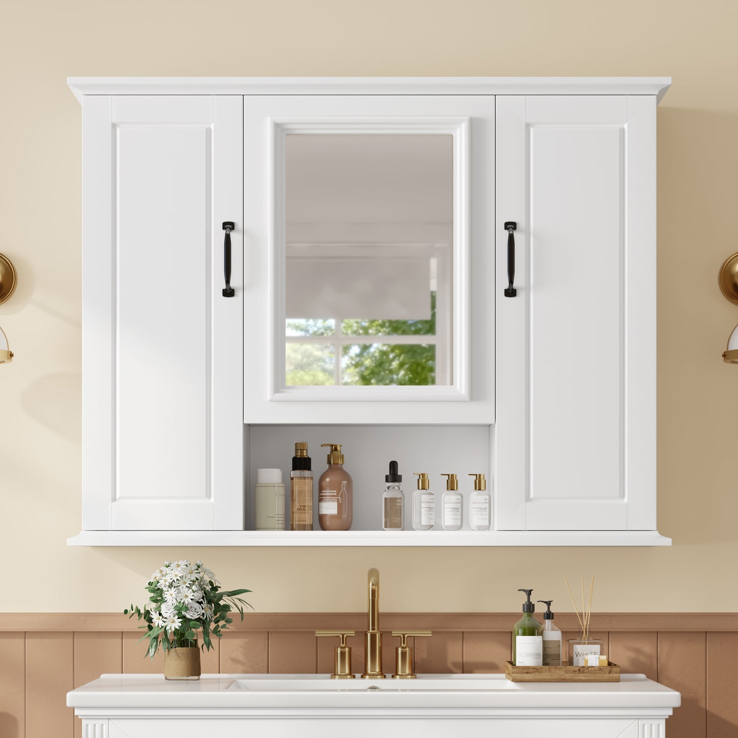 36 Medicine Cabinet, Wall Mounted Bathroom Storage Cabinet, Modern Bathroom Wall Cabinet With Mirror, Mirror Cabinet With 3 Doors Not Include Bathroom Vanity