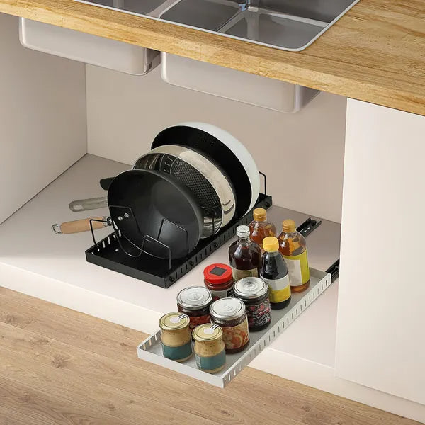 Under Cabinet Pots & Pans Organizer – Adjustable Sliding Kitchen Storage Rack