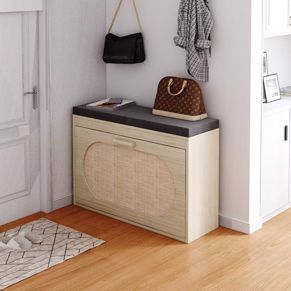 Rattan Shoe Rack, Hallway Shoe Bench, Shoe Cabinet With Flip-Drawer And Seat Cushion