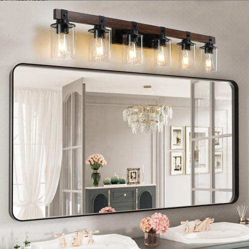 42 Inch Rustic 6-Light Vanity Light, Industrial Bathroom Wall Sconce With Glass Shades And Wood Accent, Modern Farmhouse Lighting Fixture No Bulbs