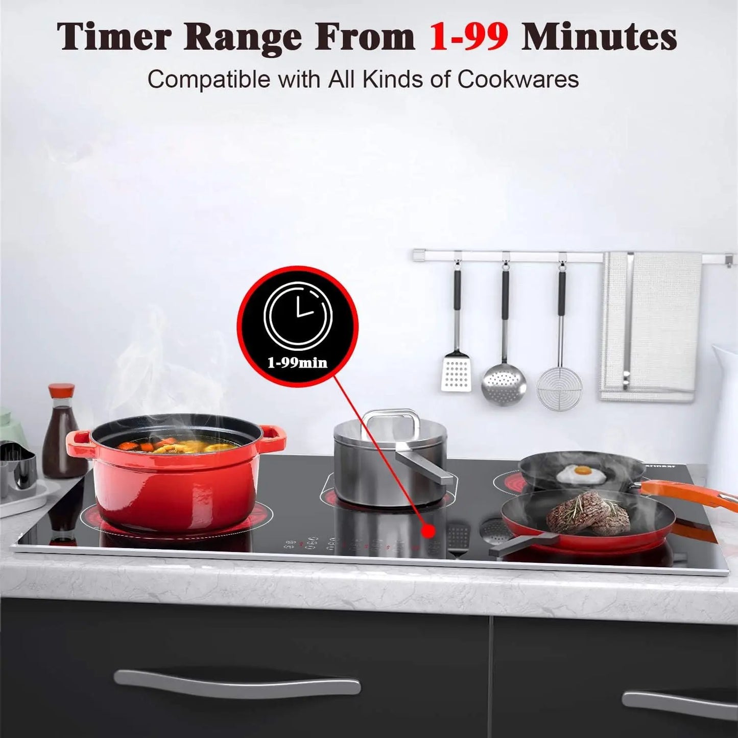 Karinear 30 Inch Electric Cooktop 5 Burners Ceramic Cooktop, Drop-in Electric Radiant Cooktop 8400W