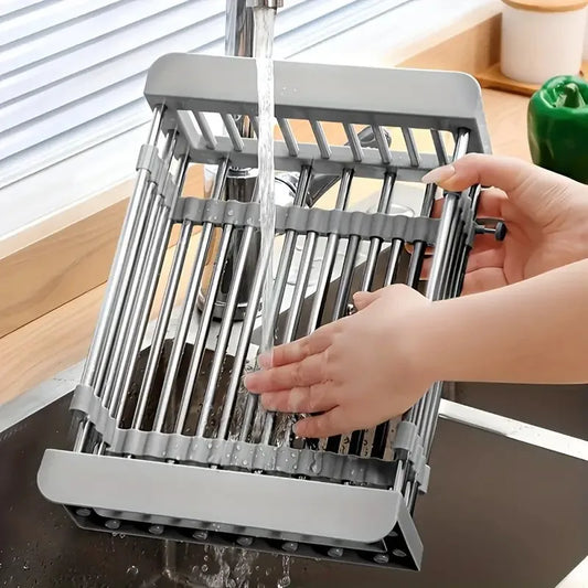 Telescopic Over-Sink Dish Rack with Stainless Steel Drain Basketover sink dish rack, telescopic dish rack, stainless steel drain basket, kitchen drying rack, expandable dish rack, sink organizer, over sink strainer, adjustabl