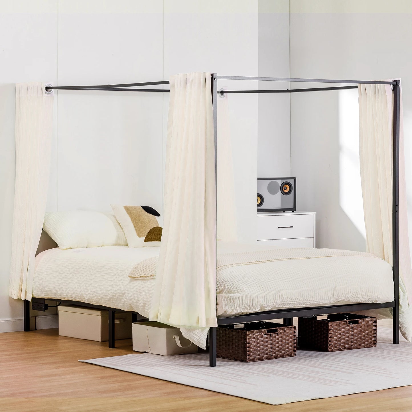 Comhoma Metal Canopy Bed Frame – Four-Poster with Charging Station, Headboard & Underbed Storage