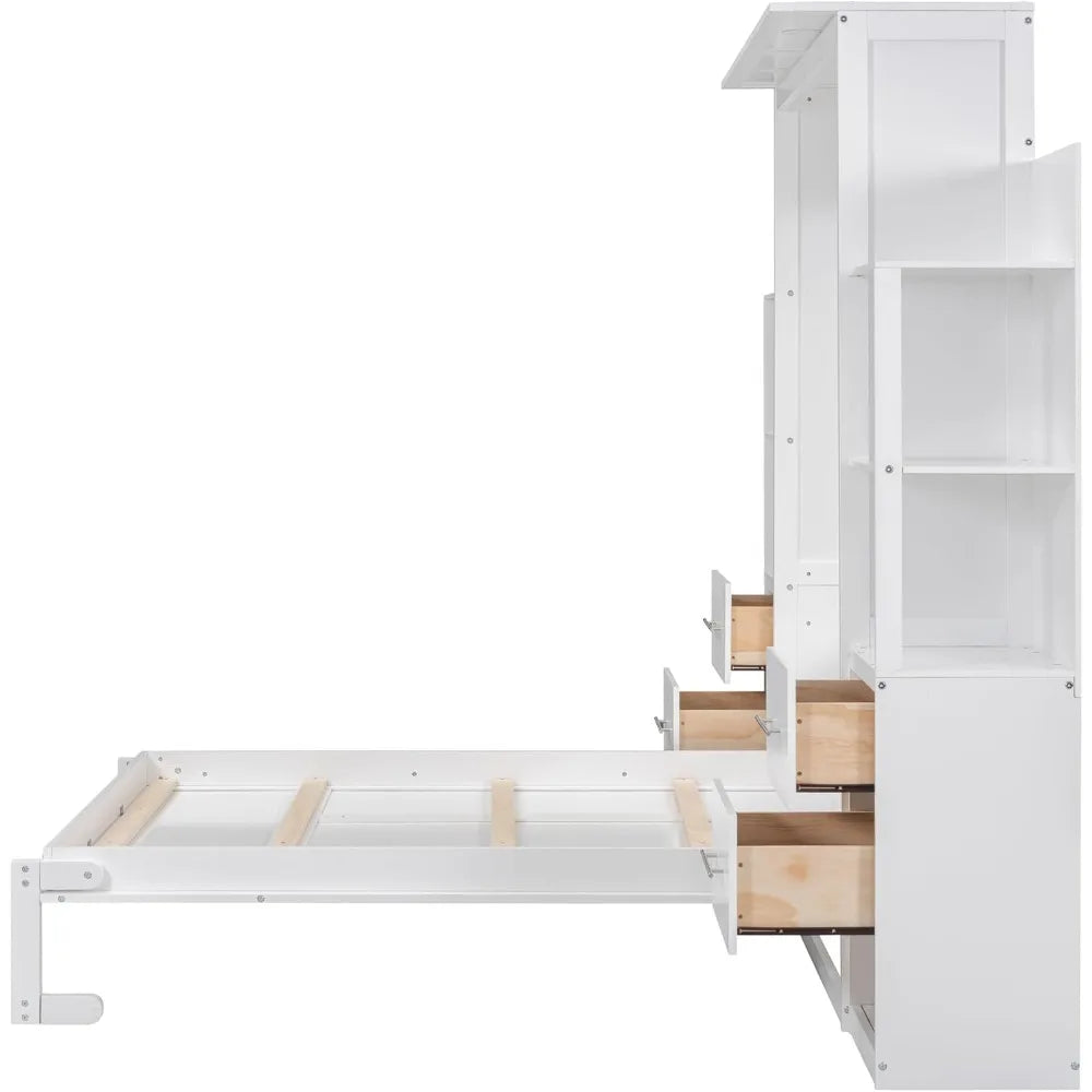 Harper & Bright Designs Full Murphy Bed with Storage Shelves, Drawers & LED Light