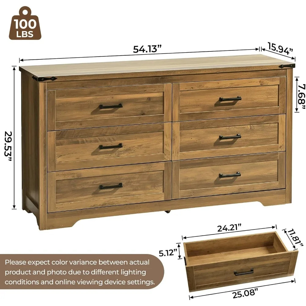 54" Wide Farmhouse 6-Drawer Wooden Dressing Table with Metal Handles