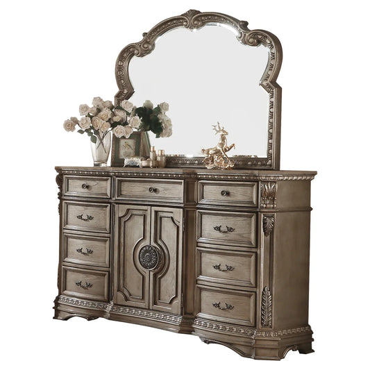 Antique Silver Wood-Top Dresser with Mirror – European Villa Style