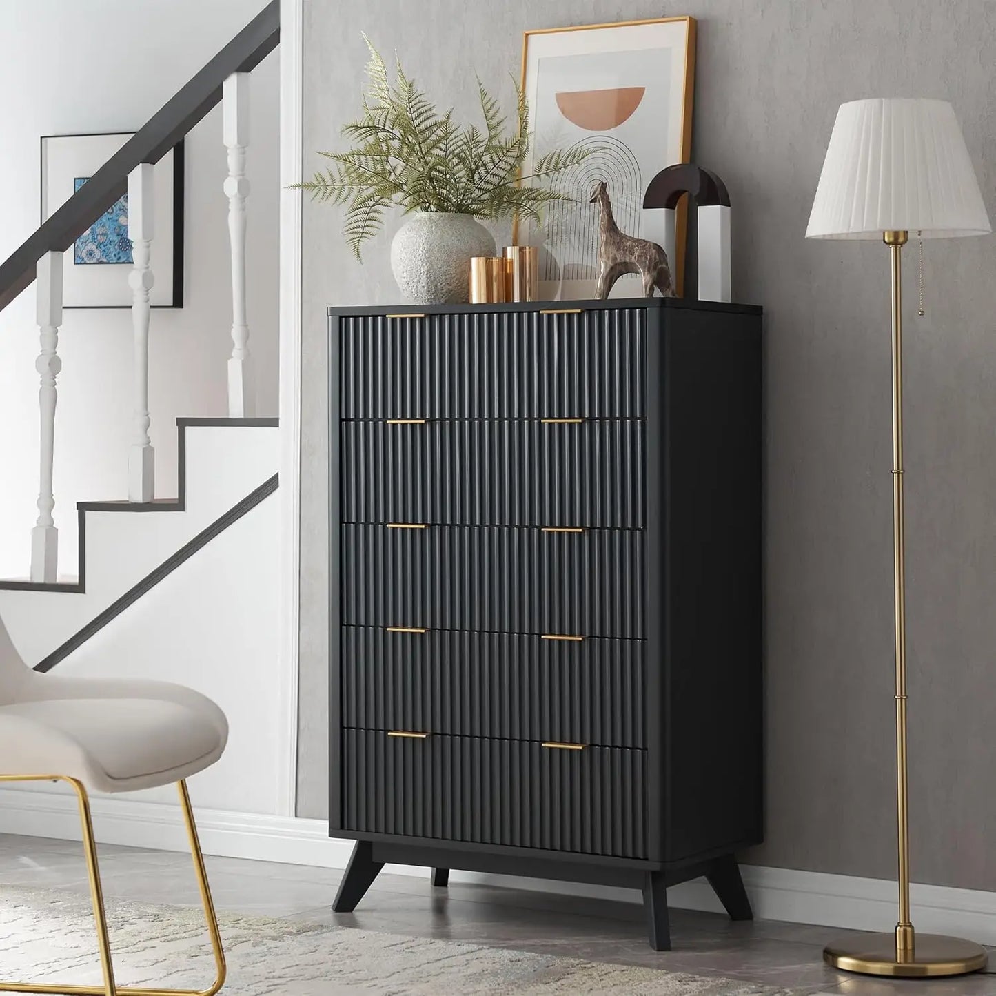 Fluted 5-Drawer Modern Dresser – 48" Tall Chest with Faux Marble Top
