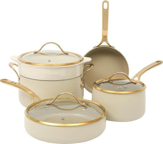 8-Piece Premium Ceramic Nonstick Cookware Set – Almond Cream & Gold Finish