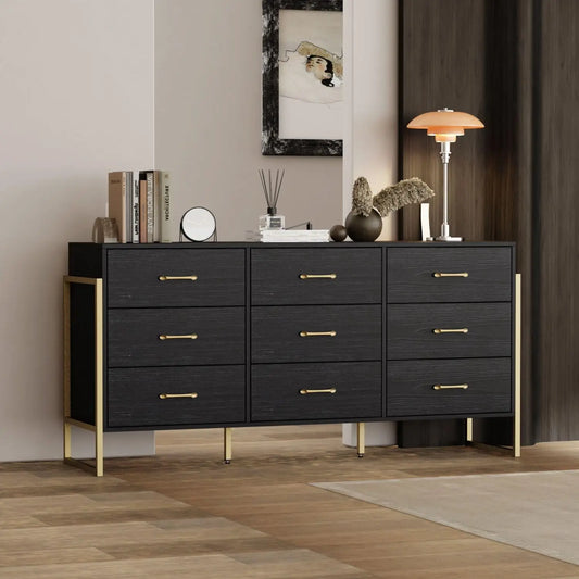 Modern 9 Drawer Black Dresser with Gold Legs – Large Bedroom Storage
