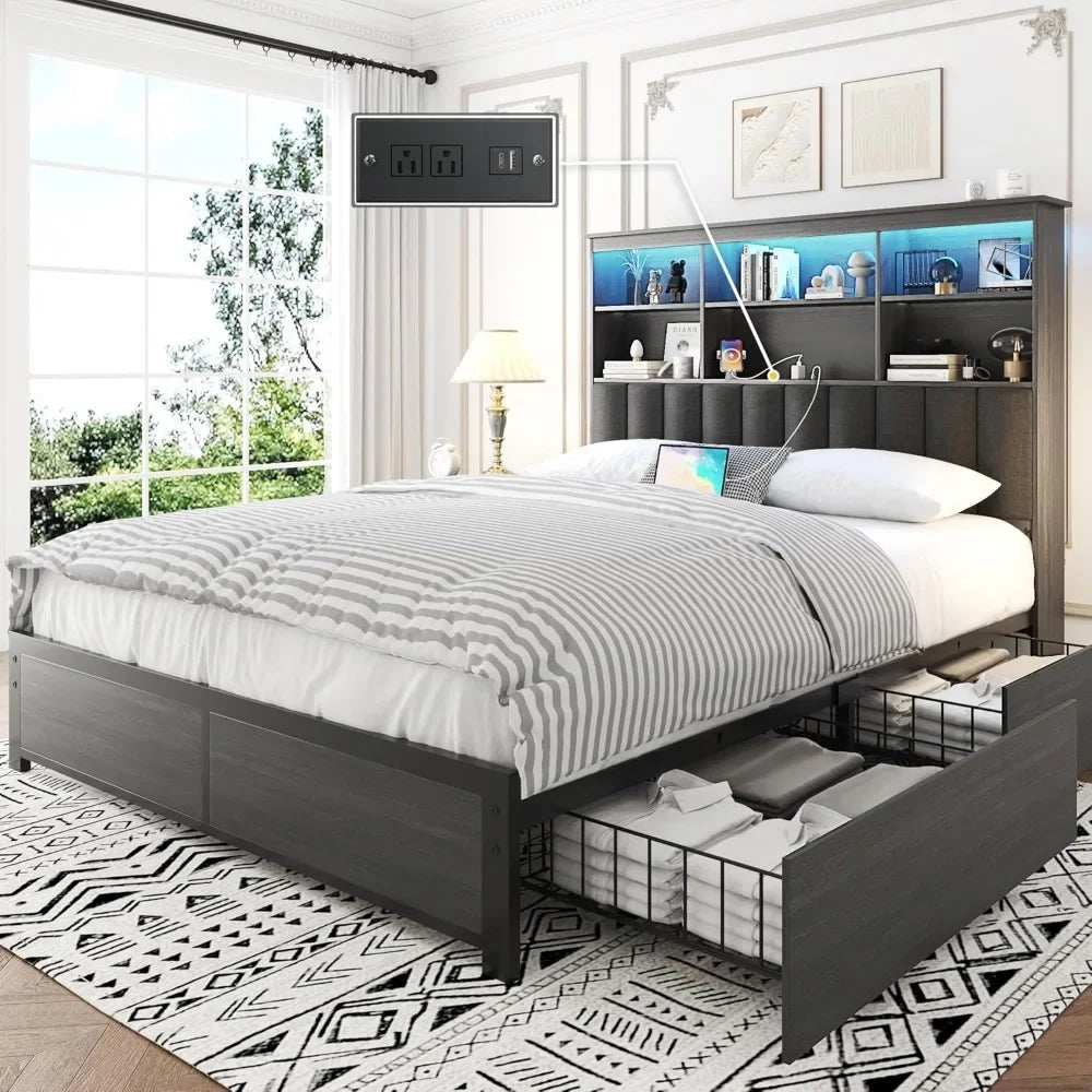 Queen Bed Frame with Storage Drawers, Bookcase Headboard, LED Lights & Charging Station – No Box Spring Needed