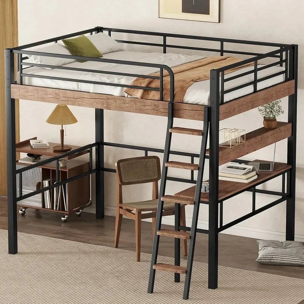 Full Size Metal Loft Bed with Desk, Storage Shelf, Built-in Ladder & Full-Length Guardrails