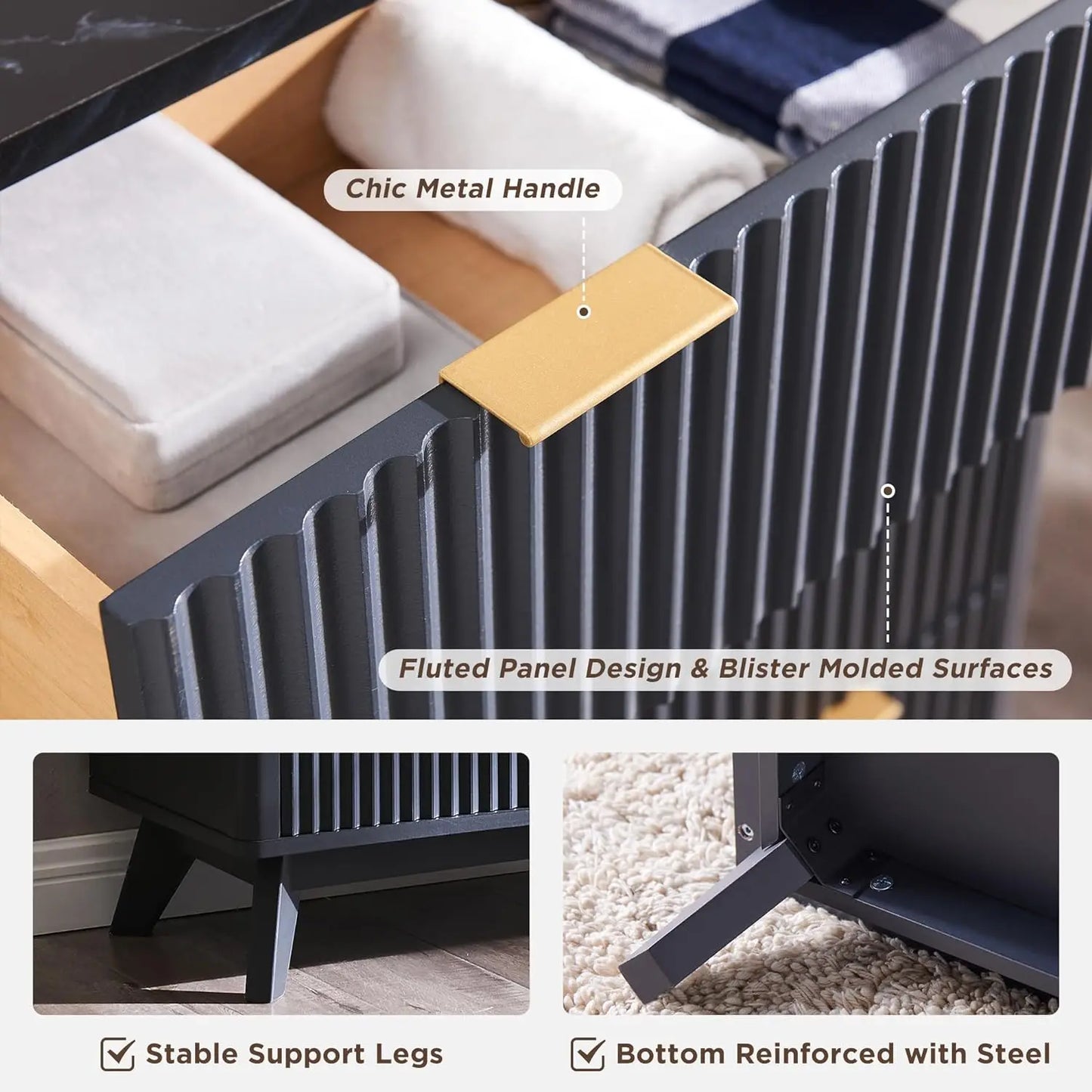 Fluted 5-Drawer Modern Dresser – 48" Tall Chest with Faux Marble Top