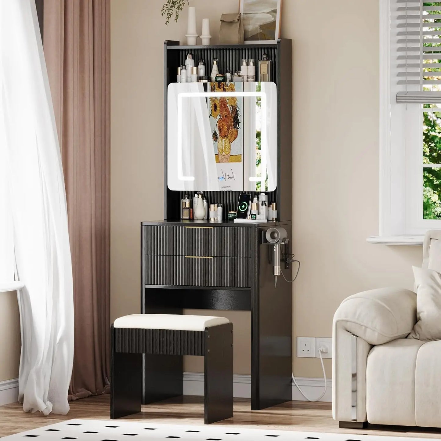 Black Vanity Desk with Mirror, Lights & Charging Station,  58.3" 3 Lighting Modes Makeup Desk