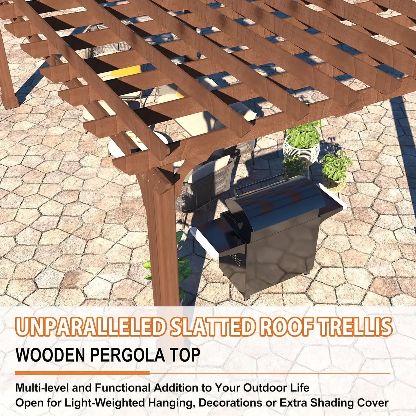 12x16 FT Wooden Pergola – Cedar Wood Gazebo with Flat Roof, Outdoor Garden Shelter with Stakes for Patio, Deck, Backyard & Lawn