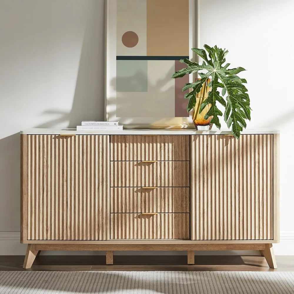 Fluted Dresser with Sliding Doors & Faux Marble Top