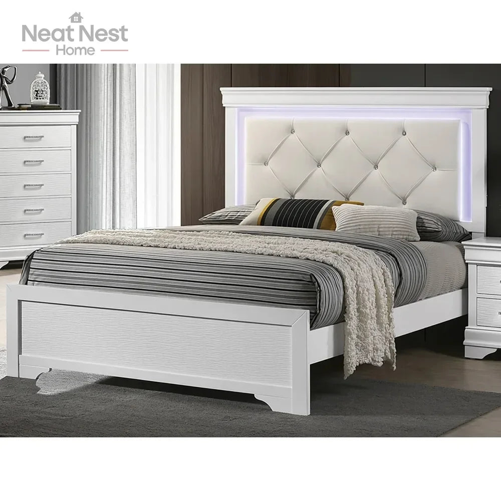 Queen Size White Faux Leather Bed Frame with Tufted LED Headboard & Solid Wood Base