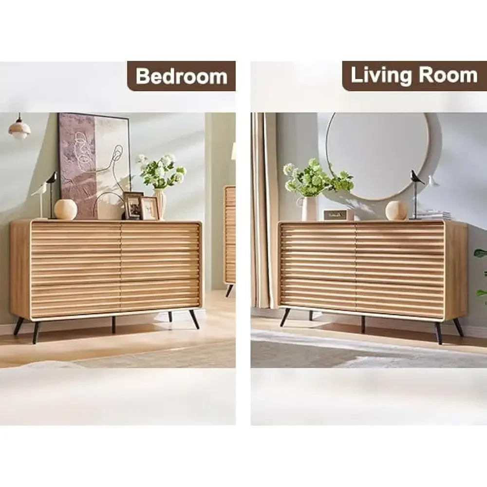 54" Wide Mid-Century Modern Fluted Double Dresser with Tapered Legs