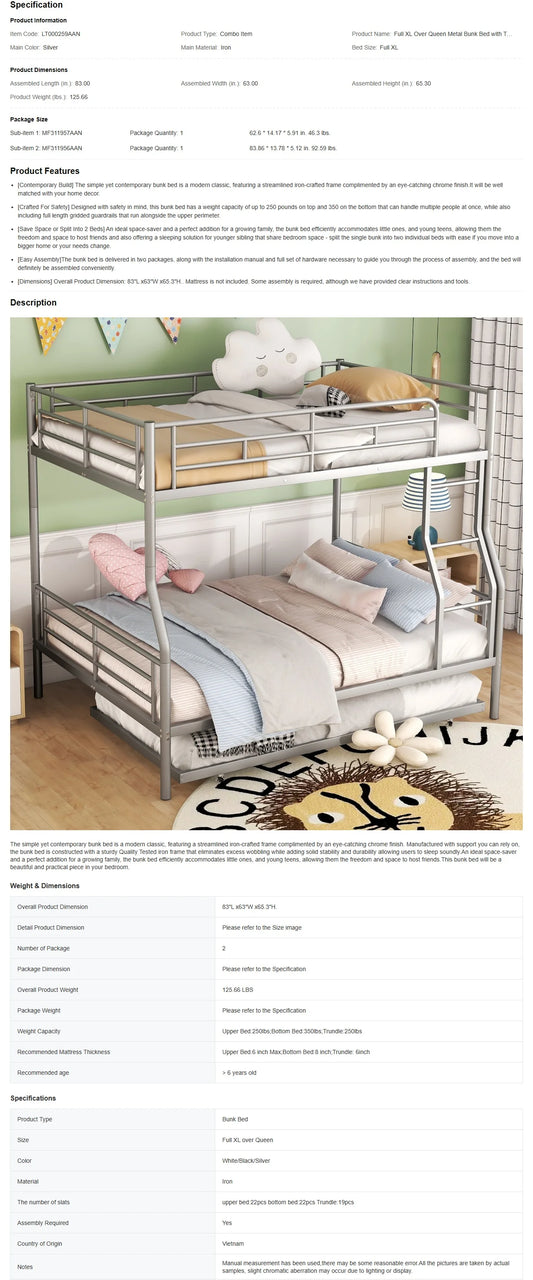 Silver Metal Bunk Bed, Full XL Over Queen with Trundle, Heavy-Duty Frame