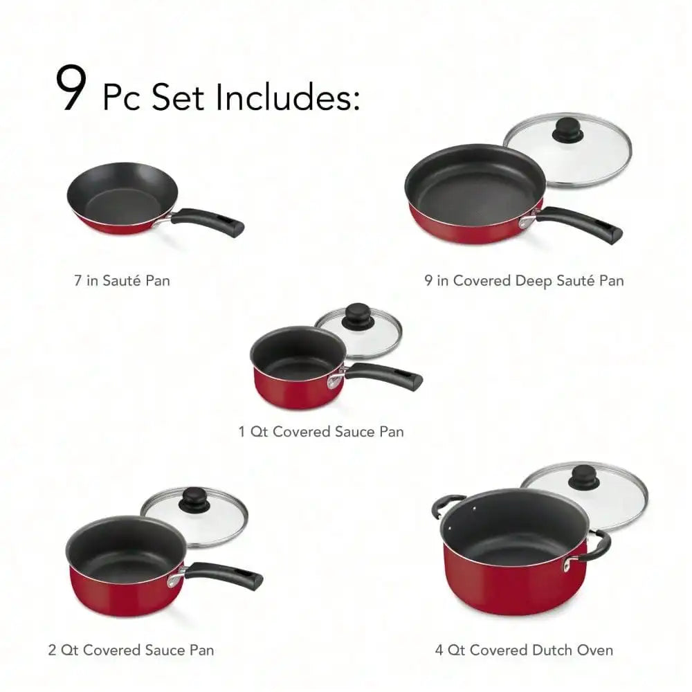 9-Piece Nonstick Cookware Set – Red Pots & Pans with Lids