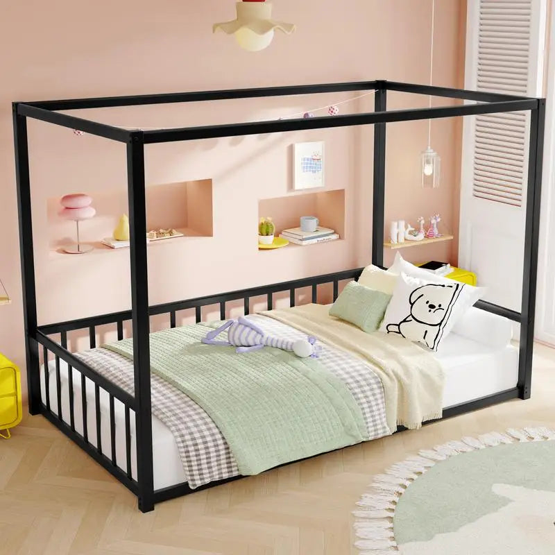 Modern Twin Size Floor Bed, Black Iron Frame, Low-Profile Design with Fence Guardrails
