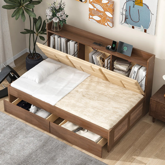Twin/Full Wood Daybed with Upholstered Storage Shelves, USB Ports & 2 Drawers